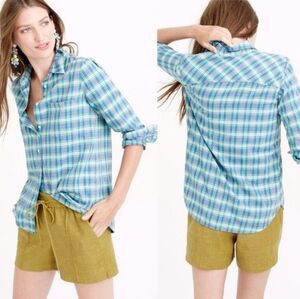 J. Crew Boy Fit Blue Green Plaid Long Sleeve Button Shirt Top Size 8
